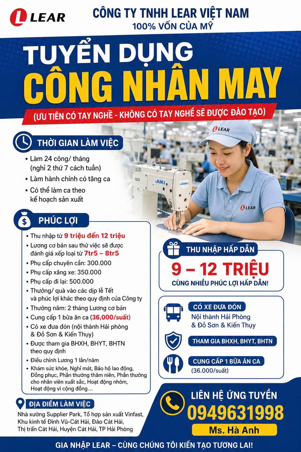 Công ty TNHH Lear Việt Nam tuyển dụng công nhân may